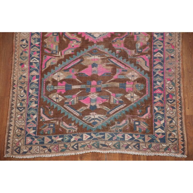 Hand Knotted Oriental 100% Wool Carpet Traditional Geometric Brown Heriz Runner Rug - 10' 11'' X 3' 9''