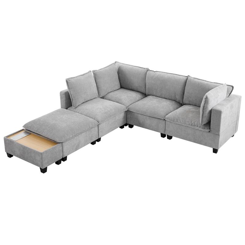 U-Shaped Sectional Sofa with Ottoman, Coffee Table with Hidden Charging Devices, Oversized Chenille Upholstered Cloud Sofa