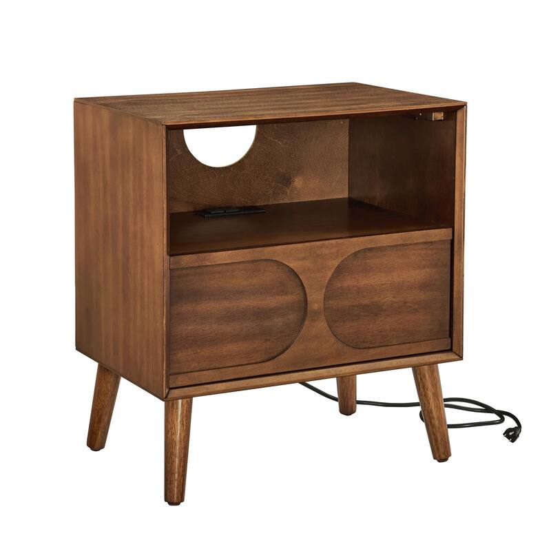 Mid Century Modern Fluted Nightstand with Charging Station USB Ports & Outlet Hole & 4 Solid Wood Legs