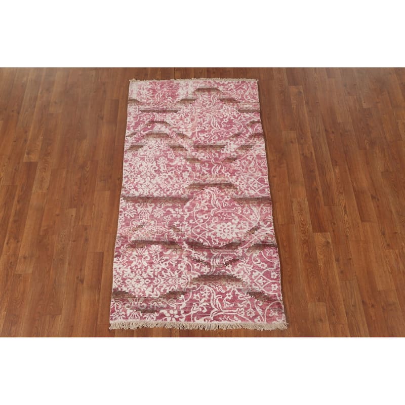 Abstract Oriental Accent Rug Handmade Pink Wool Carpet - 2'8"x 4'10"