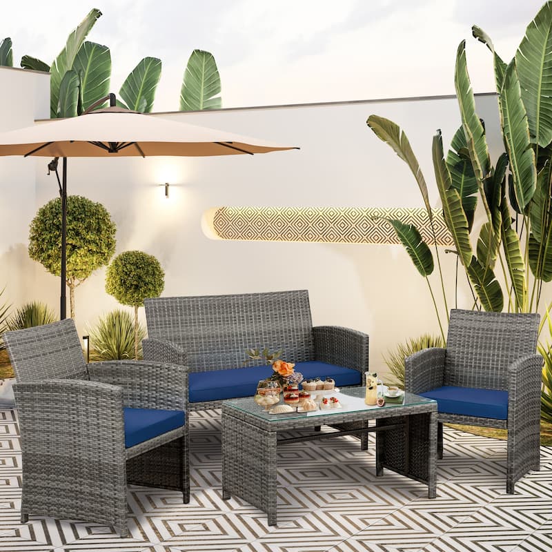 Futzca 4 Pieces Outdoor Patio Furniture Sets Conversation Sets Rattan Chair - Dark Blue