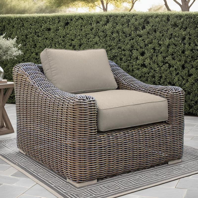 Verano Brown Wicker and Acacia Wood Deep Seating Outdoor Chair with Cushions - Taupe