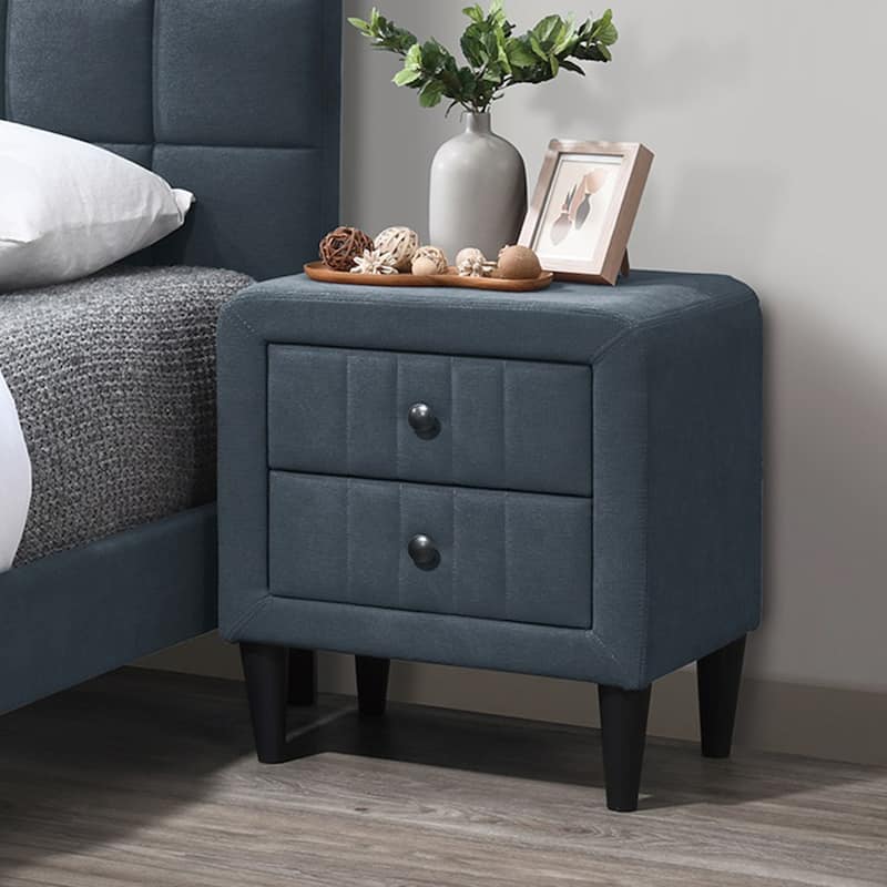 2 Drawers Brushed Linen Fabric Nightstand with Tapered Shape Legs