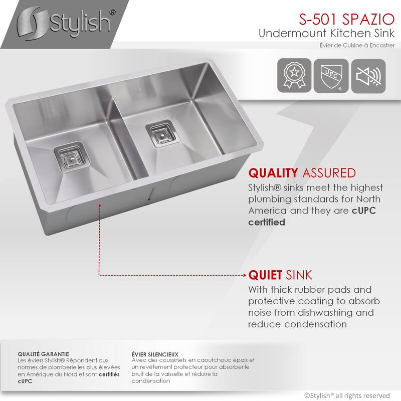 STYLISH 33 inches L x 18 inches W Stainless Steel Double Basin Undermount Kitchen Sink with Grids and Strainers