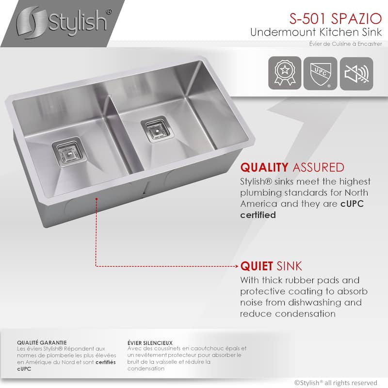 Undermount 33" Stainless Steel Double-Bowl Kitchen Sink Handmade - 33" x 18" x 10"