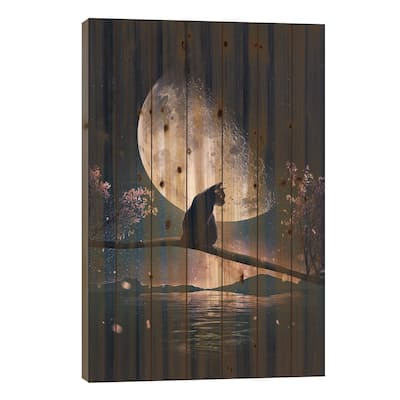 Black Cat And Moon Print On Wood by Adam Cousins - Multi-Color