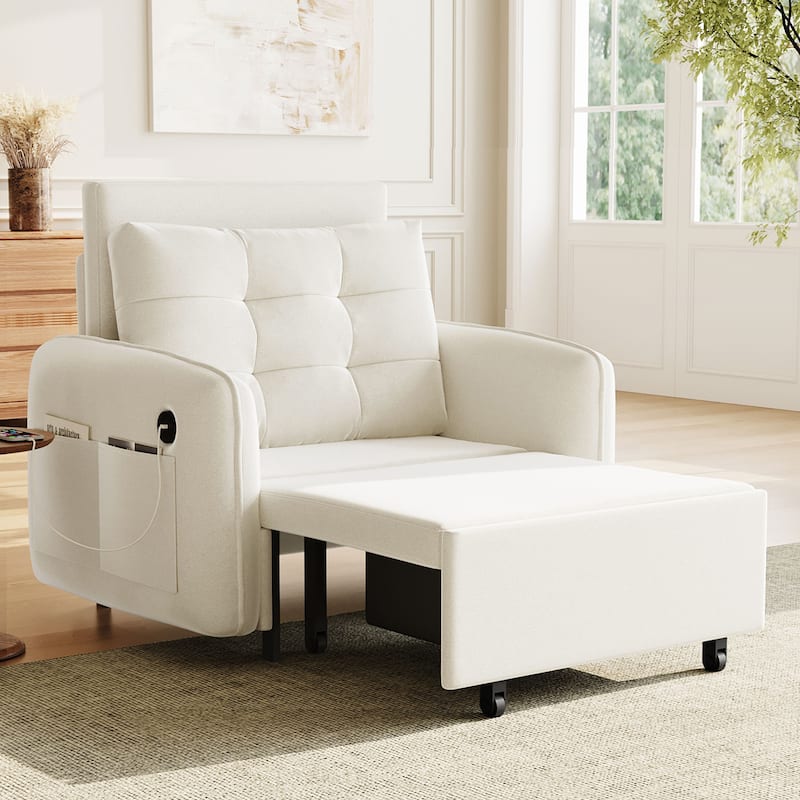 3-in-1 Chenille Accent Chair Convertible Sleeper Sofa Bed, 80" Extra Long Pull-out Chair Bed with USB and Type-C Ports