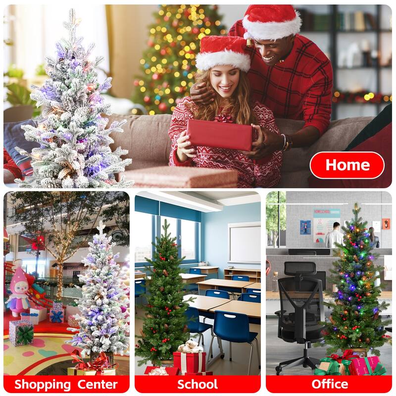 4ft Pre-Lit Green Christmas Tree With Glitter Base-100 Multicolor Led Lights,396 Tips,Red Berries & Pine Coness