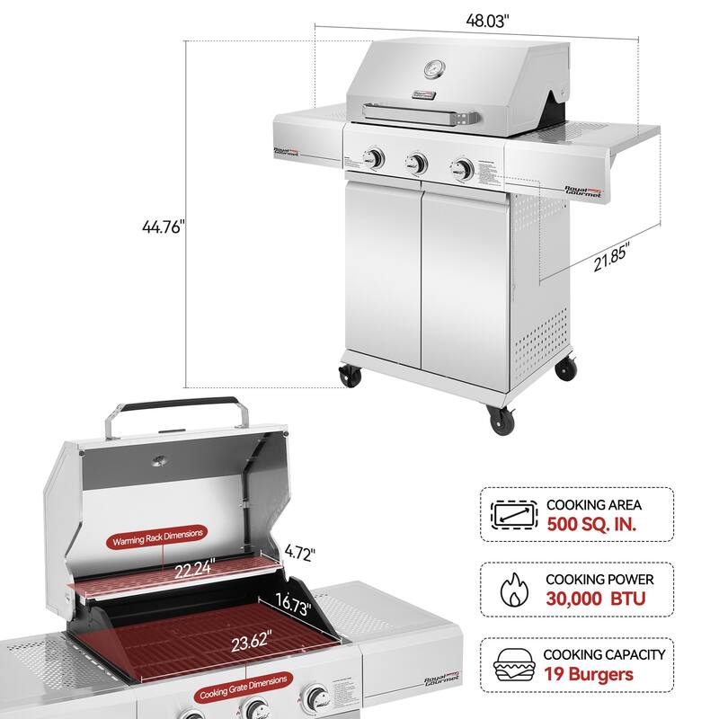 Royal Gourmet Premium Stainless Steel 3-Burner Gas Grill, Silver