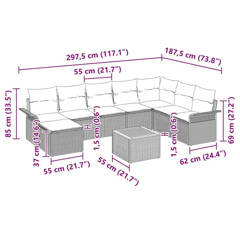 vidaXL 9 Piece Garden Sofa Set with Cushions - 117.1×73.8×27.2