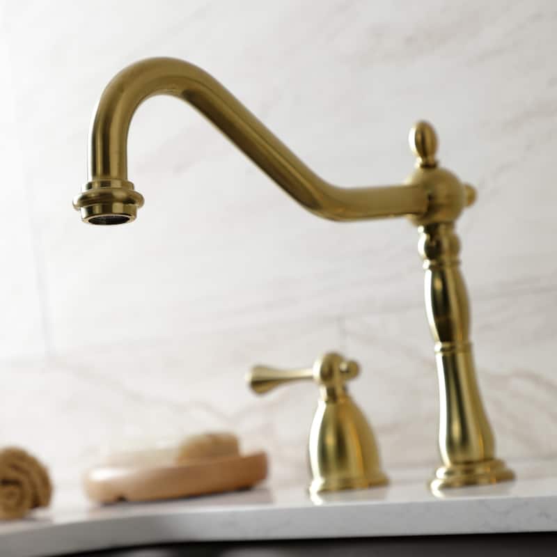 Heritage Deck Mount Widespread Kitchen Faucet with Brass Sprayer