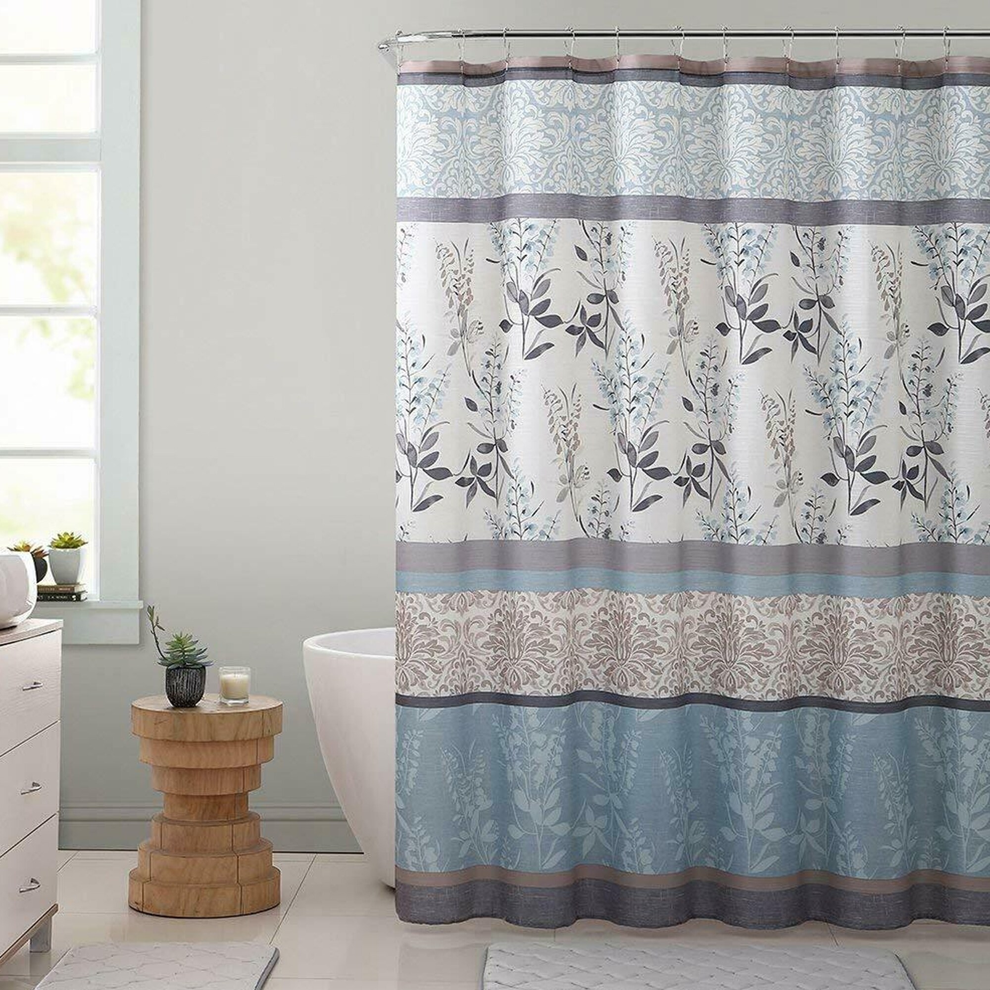 Vcny Ashley Light Blue Beige Canvas Fabric Shower Curtain Floral Overstock 33709699