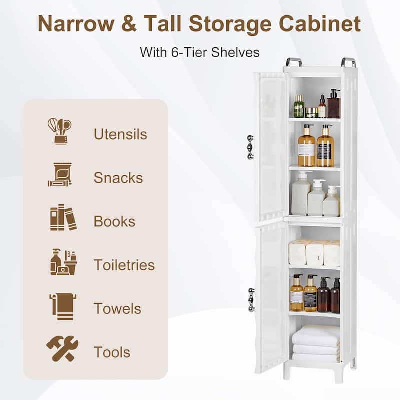 VECELO White Waterproof Plastic Bathroom Storage Cabinet with Adjustable Shelves Space Saving Narrow Cabinet with Handles