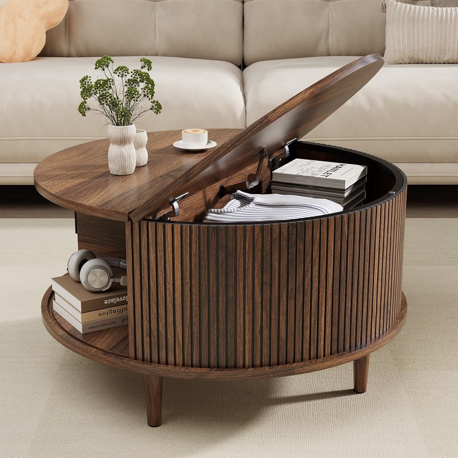 Round Coffee Table with Storage, Mid-Century Fluted Design, Sliding Door, Circular Living Room Table, 31.5", Walnut
