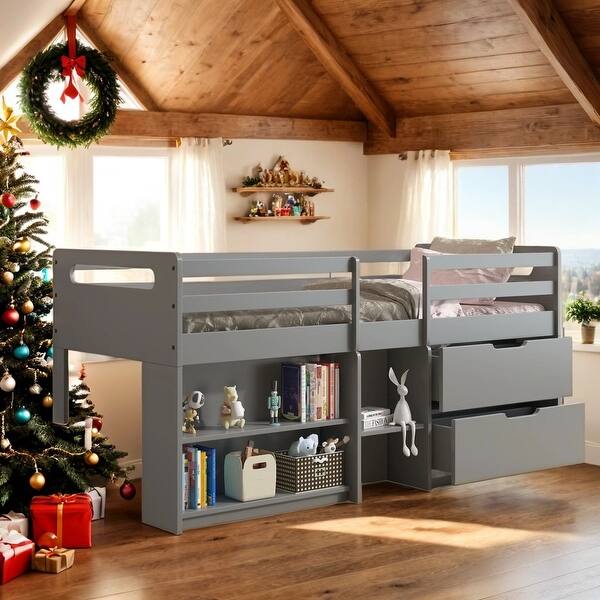slide 2 of 11, Wooden Twin Size Loft Bed with Built-in Drawers and Built-in Bookshelf and Chest For Home Grey