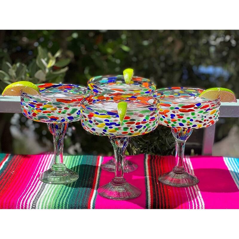 Dos Sueños Mexican Hand Blown Glass - Set of 4 Hand Blown Margarita Glasses Confetti Rock (16 oz)