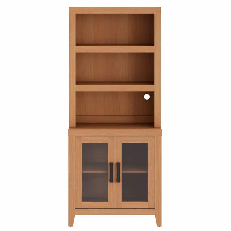 WAMPAT 3 Tier Bookshelf with Glass Door, 74" Tall Bookcase with Adjustable Shelf and Storage Cabinet, Farmhouse Wooden Bookshelf
