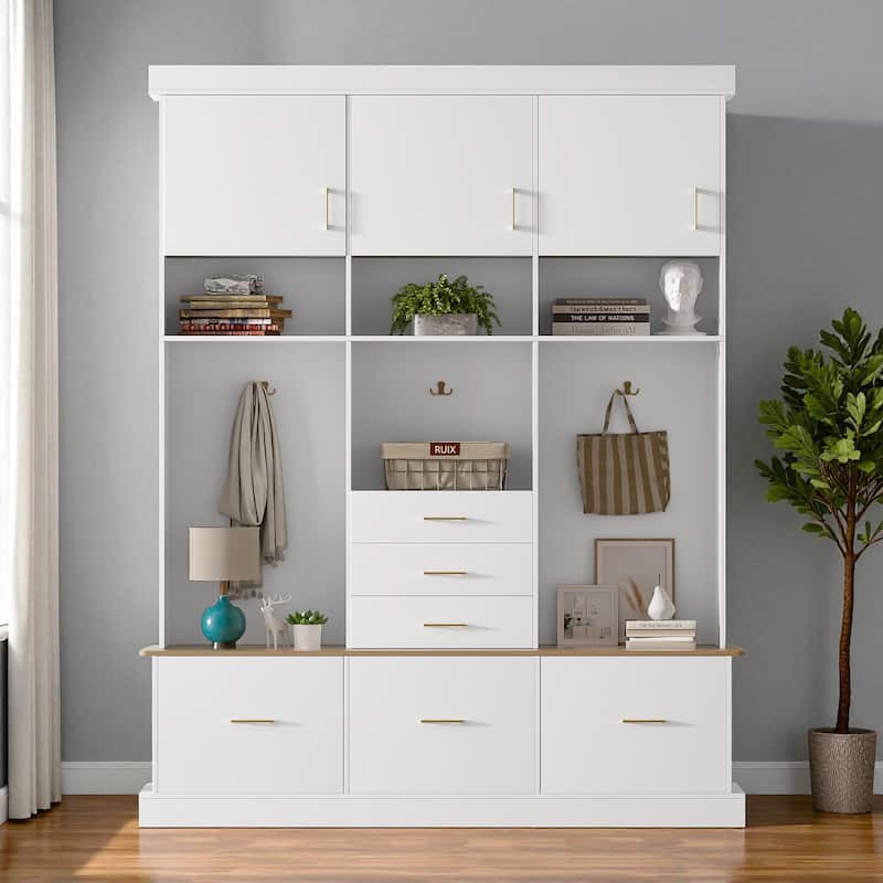 75" Entryway Hall Tree with Bench, Coat Rack, 6 Drawers, 3 Cabinets and Top Shelves, 5-in-1 Storage Organizer for Hallway - White