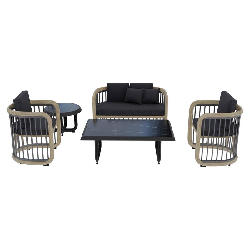Klyra 5-Piece Outdoor Patio Conversation Set in Aluminum with a Rectangular Coffee Table , End Table and Olefin Fabric Cushions