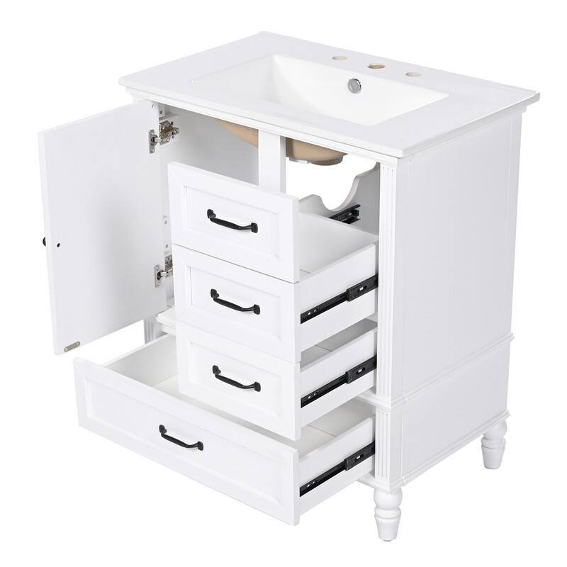 30" Bathroom Vanity with Ceramic Sink Combo, Freestanding Bathroom Vanity Cabinet with 1 Door and 3 Storage Drawers