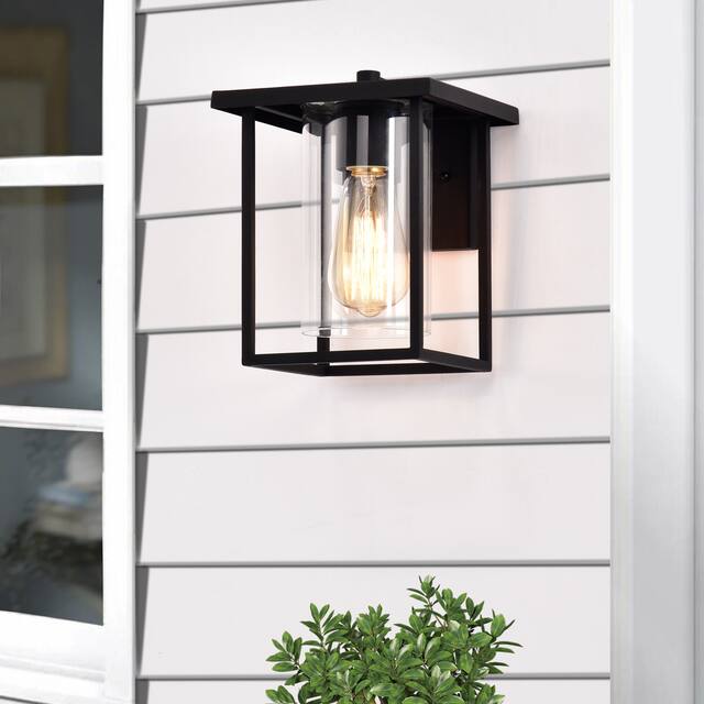 1-light Matte Black Outdoor Wall Sconce Lantern with Clear Glass Shade