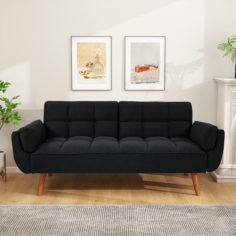 75.39 IN. Futon Sofa Bed, Convertible Upholstered Couch Sleeper with Reclining Sleeper Split Tufted Back - Black