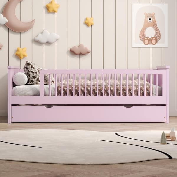 slide 2 of 10, Solid Wood Twin Bed Frame,Twin Size Platform Bed with Trundle,Pink Pink - Twin
