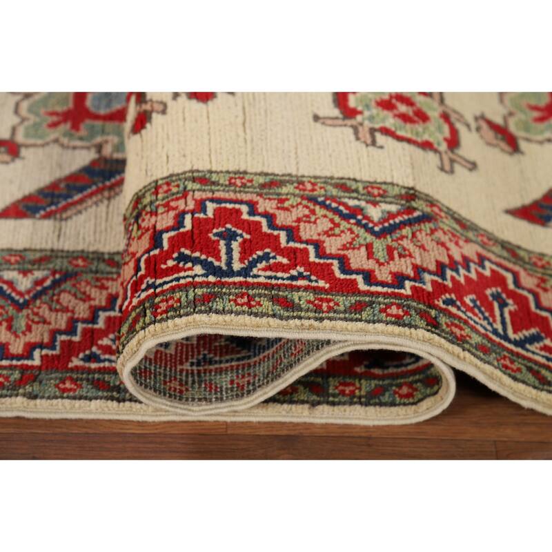 Hand Knotted Oriental 100% Wool Carpet Traditional Geometric Beige & Ivories Kazak Runner Rug - 12' 8'' X 2' 9''