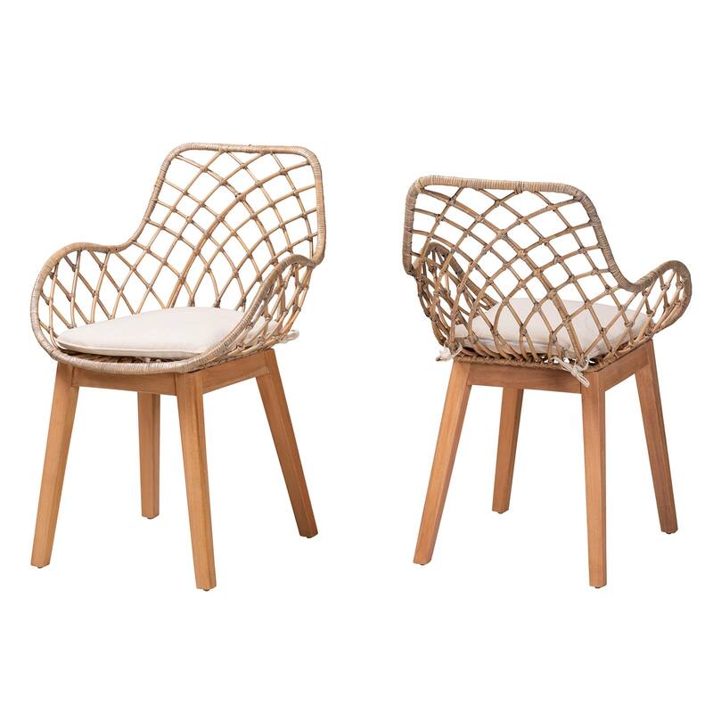 Ballerina Modern Bohemian Greywashed Rattan and Natural Brown Finished Wood 2-Piece Dining Chair Set - Greywash, Natural Brown, White