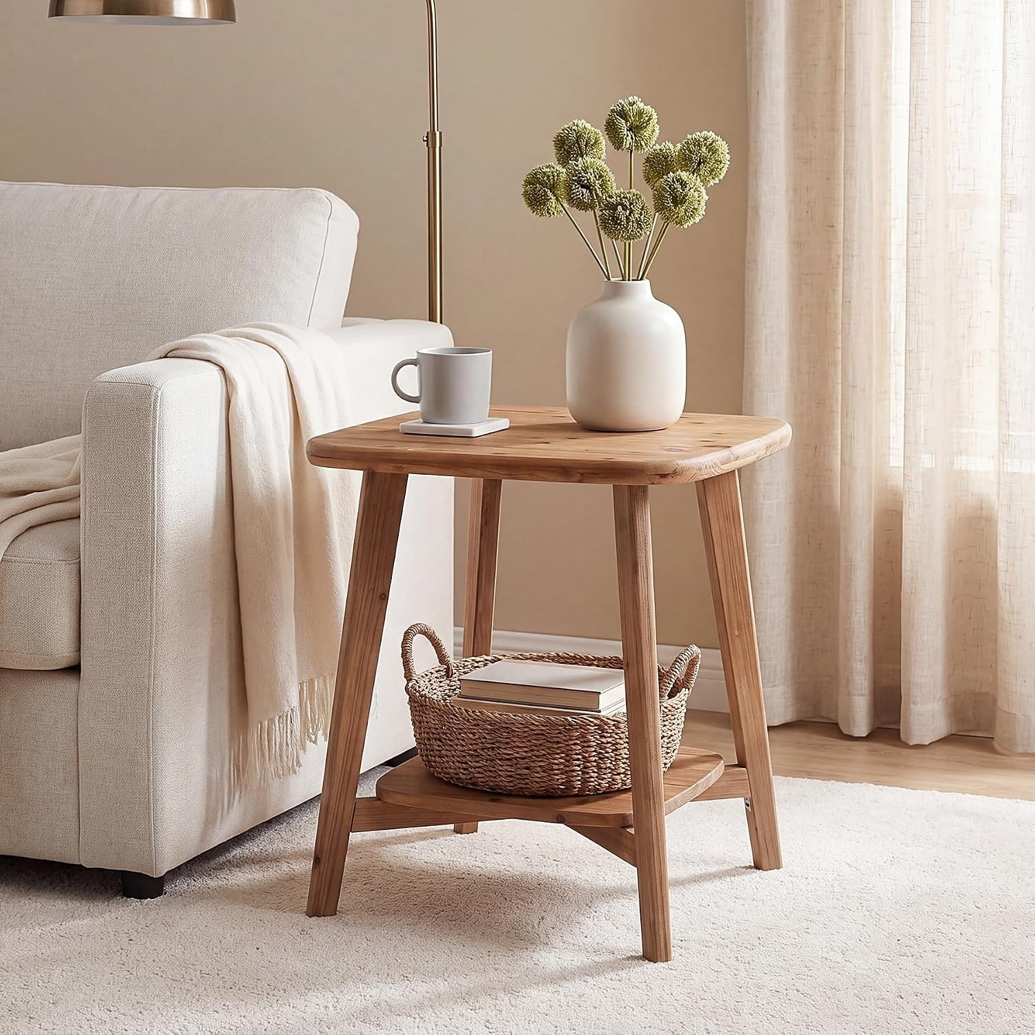 22-Inch Solid Wood End Table, Farmhouse Side Table with Storage Shelf