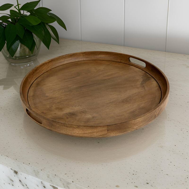 Bera Serving Tray, 24 Inch Round, 2 Handles, Industrial Brown Gray Finish