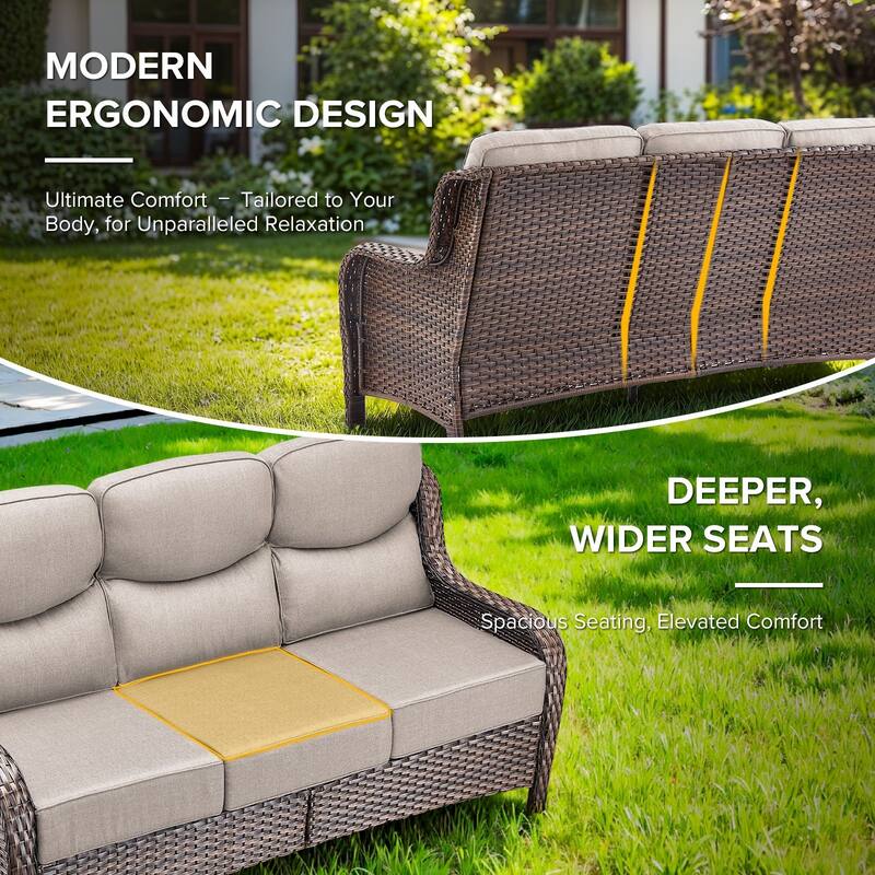 Gymojoy 7-Piece Wicker Patio Furniture Sofa Set with Fire Pit Table, 6-Inch Thick Cushion Swivel Glider Chairs & Ottomans