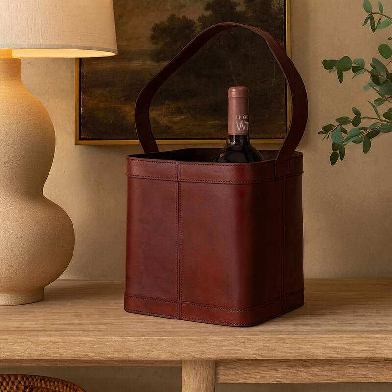 Black or Red Leather Handmade 4 Bottle Kitchen Wine Holder with Carrying Handle - Red -  9"W, 9"H