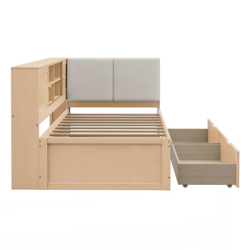 Wooden Twin Size L-shaped Daybed Corner Bed Under-bed Drawers with Storage Bookcase and Upholstered Headboard