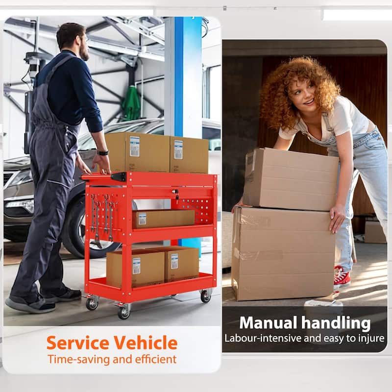 3-Tier Rolling Tool Cart on Wheels for Mechanics with Utility Drawer