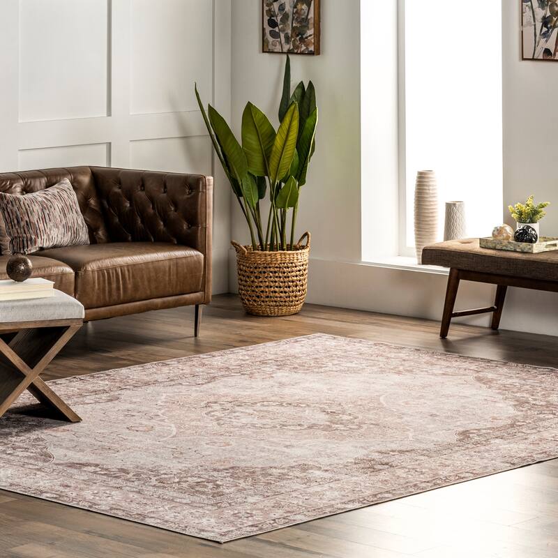 Nuloom Elsa SpinClean Floral Blossom Machine Washable Area Rug - 4' x 6' - Taupe - Rectangle