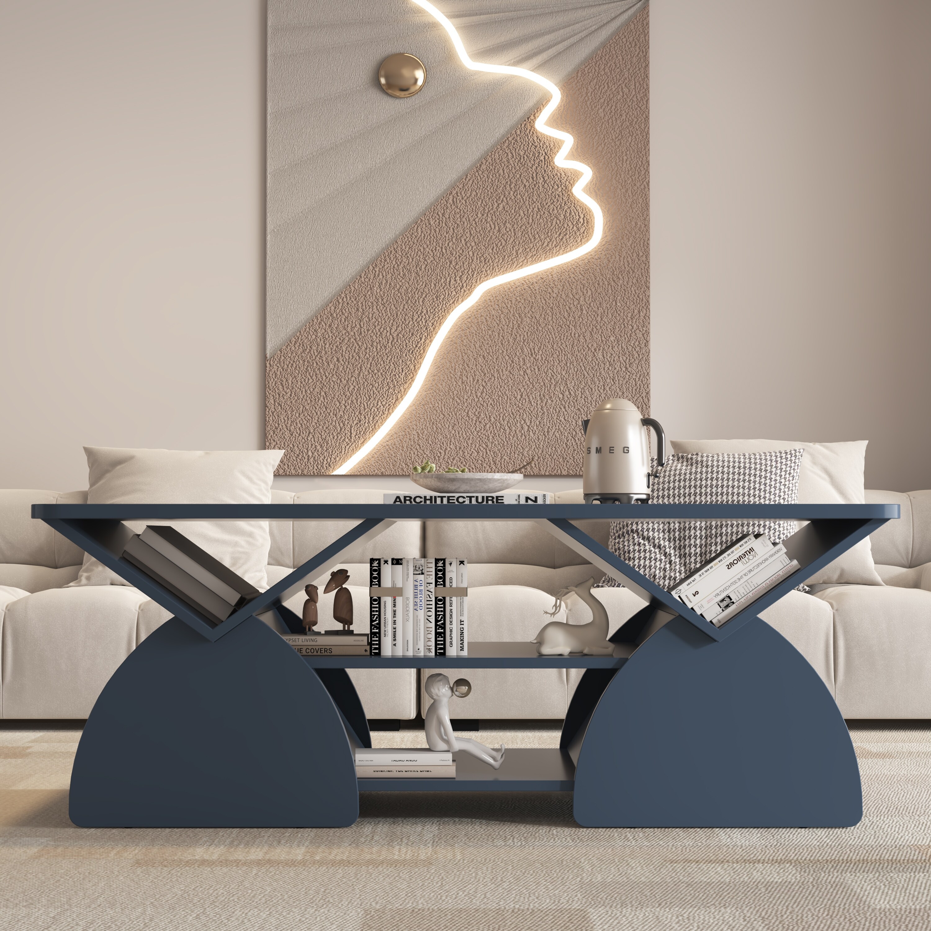 Modern Coffee Table with Storage, Geometric Rounded Design and
