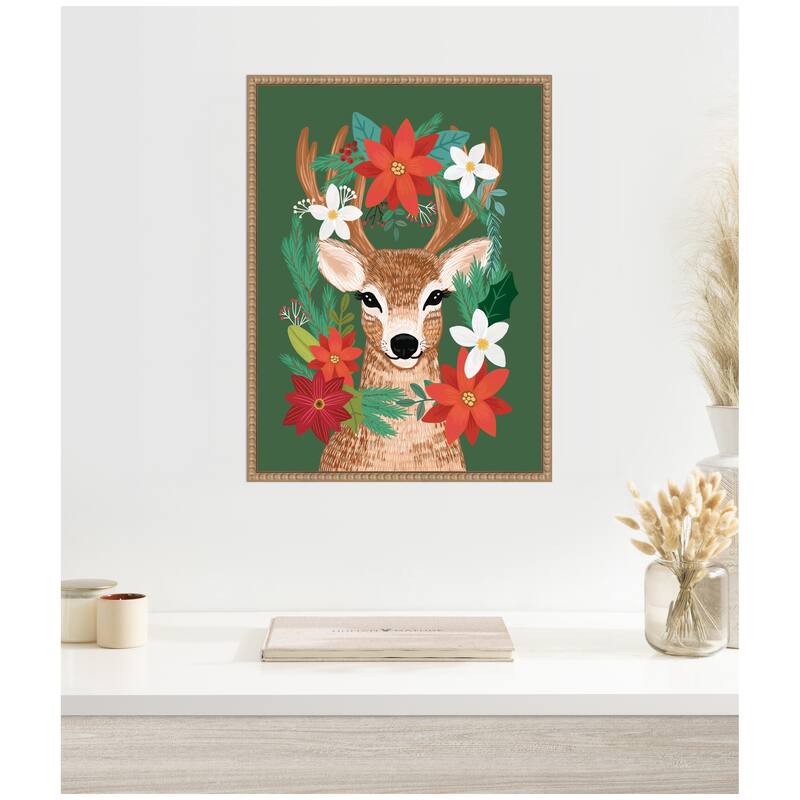 Kate and Laurel Sylvie Beaded Festive Christmas Deer Framed Canvas by Mia Charro - Sylvie Beaded Rustic Natural