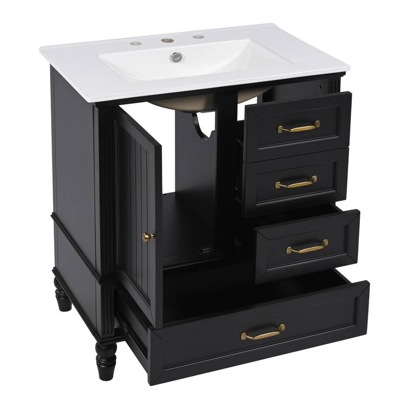 Modern Bathroom Vanity with Semilune Ceramic Sink, Storage Cabinet, and Adjustable Foot Pads - 30in L