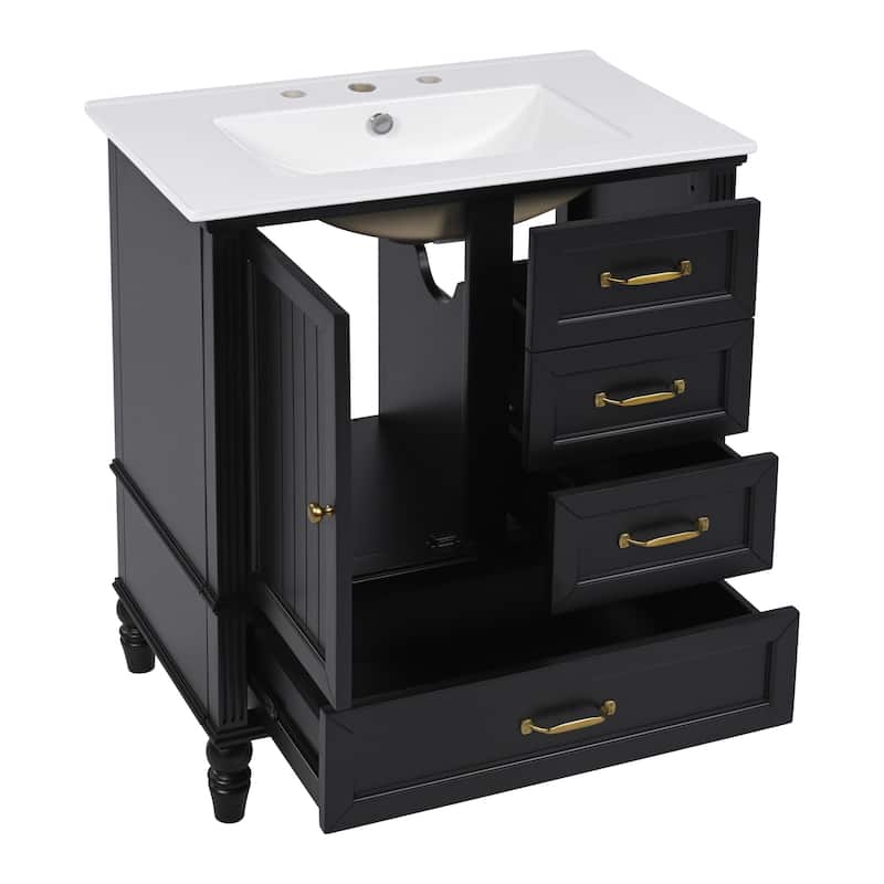Roomfitters Bathroom Vanity with Sink, Single Door Cabinet and Three Drawers, Solid Wood Legs
