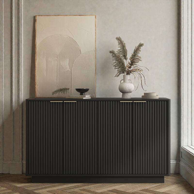 55.1" Modern Fluted Buffet Cabinet with Adjustable Shelves, Large Sideboard Credenza Storage Console Table - Black