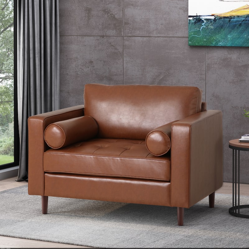Malinta Contemporary Faux Leather Cushioned Club Chair by Christopher Knight Home - Cognac Brown + Espresso