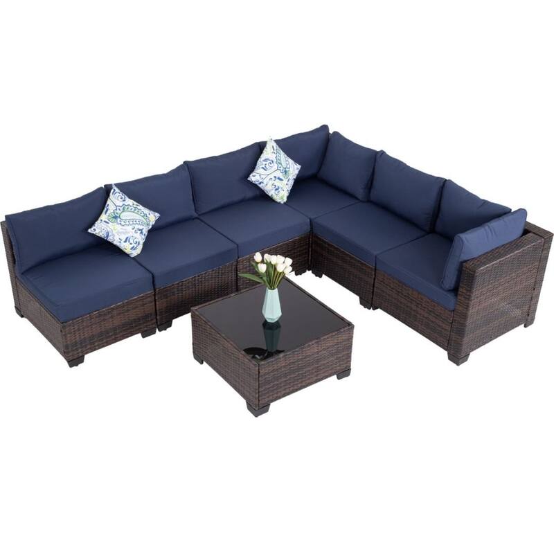 7-PC Brown Wicker Patio Conversation Set with Blue Cushions--Clearance