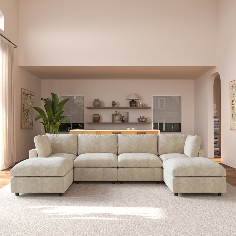 Modern Cloud Sectional Couches for Living Room Set, Chenille U-shaped Sofa Couch - Khaki-4 seats+ 2 ottoman