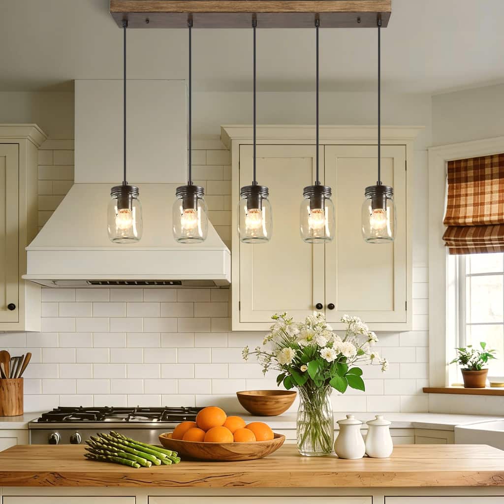 Modern Rustic Mason Jar Glass Kitchen Island Pendant Lights Farmhouse 5-light Bar Chandelier - L29" * W4.72" * H69"
