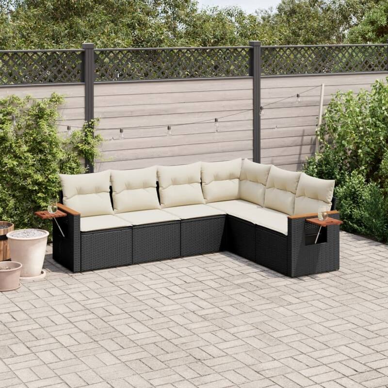vidaXL Patio Sofa Set with Cushions Outdoor Conversation Furniture Poly Rattan - Black and cream without table - 24.4 x 33.5 x 27.2 in