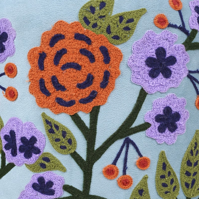 Handmade Floral Embroidered Round Pouf Ottoman - 18" - Blue and Orange