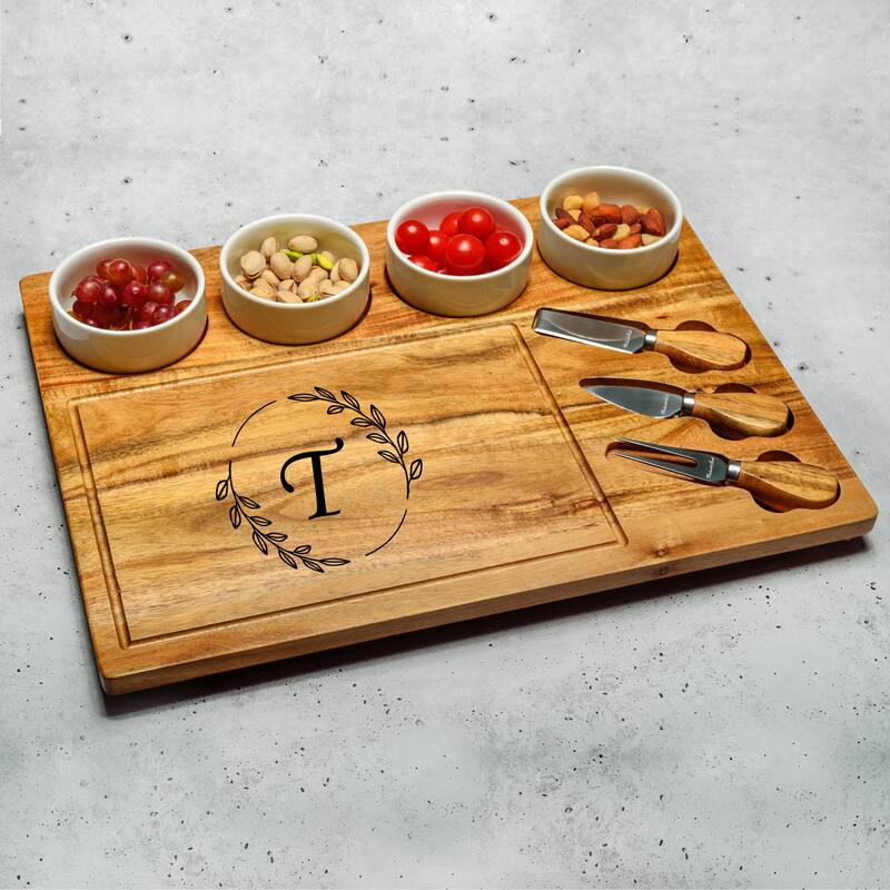 Personalized 8-piece Acacia Charcuterie Board, Ceramic Bowls & Cheese tools - T