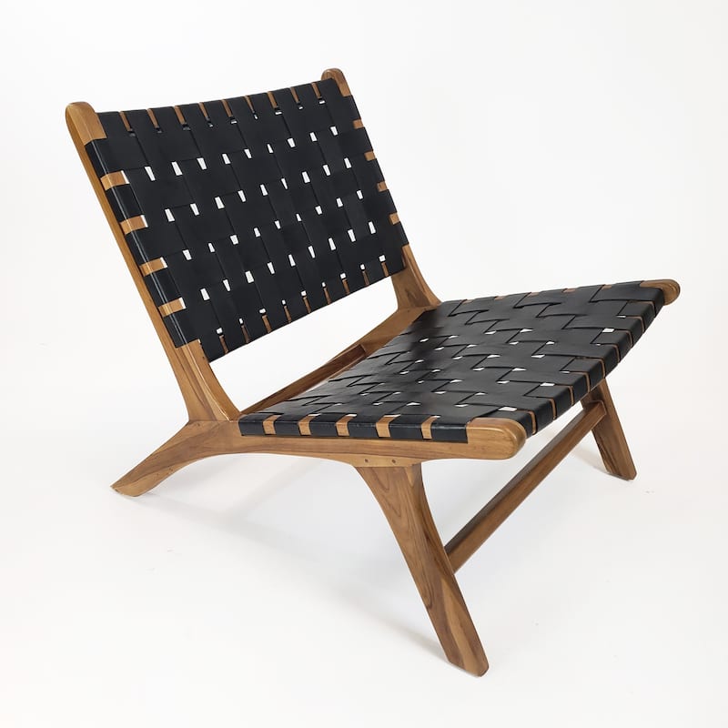 Brisot Square Weave Leather on Teak Wood Lounge Chair - Black