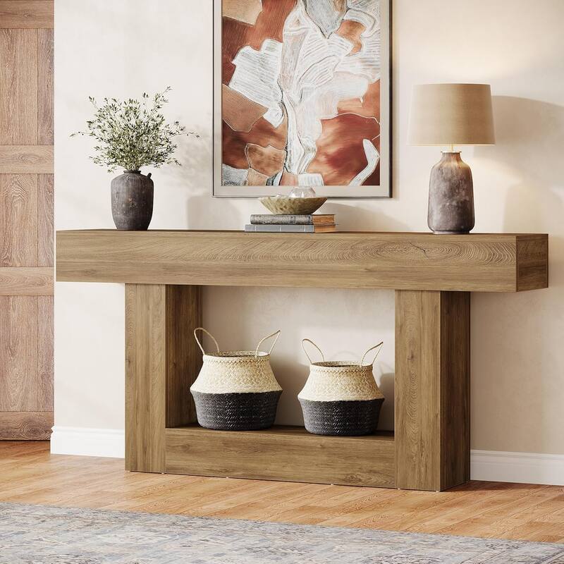 Farmhouse 2 Tiers Entryway Table, 63 Inches Console Table, Narrow Sofa Table - Light Brown